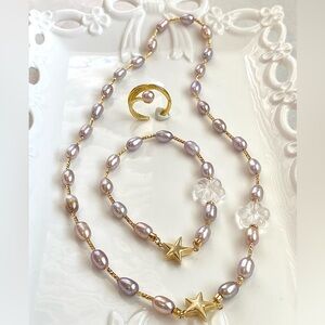 S29-Handmade Metallic Pink Freshwater Pearl, Clear Quartz Flower Star 3 pcs Set